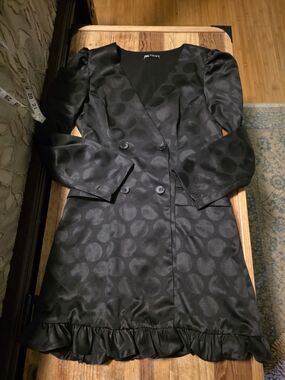 Zara Black Double-Breasted Satin Polka Dot Dress with Ruffle Hem